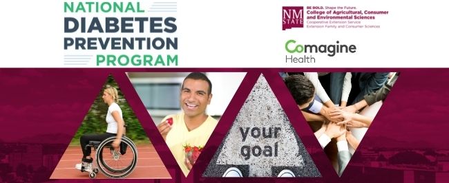 National Diabetes Prevention Program logo, New Mexico State University Logo, and Comagine logo. Four triangles that include person in wheel chair exercising, male eating fresh strawberries, your goal arrow, all hands in middle.